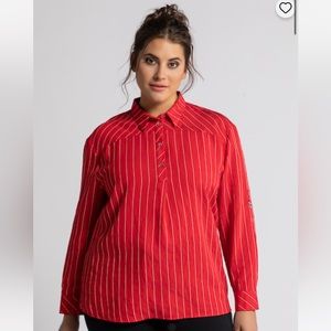 Ulla Popken Pinstripe Roll-Tab Sleeve Blouse NWT